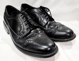 Vintage BLACK LEATHER Wingtip Brogue Punched Pebbled Lace Oxford 10.5 D ... - $35.00