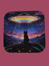 Handmade Glossy Refrigerator Magnet – Cat &amp; UFO Rainbow Sky – Cosmic Nig... - $6.62 CAD