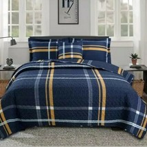 1pc Navy Blue/Yellow/White Plaid Queen Size Cotton Quilted Coverlet/ No Cases - £113.22 GBP