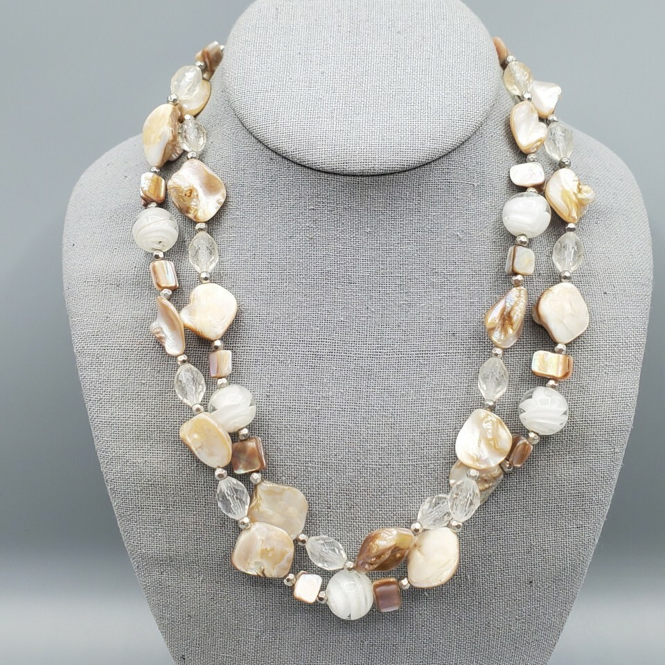 Abalone Art Glass Necklace Two Strand Boho White Swirl Bead Adjustable 20&quot; - $24.99