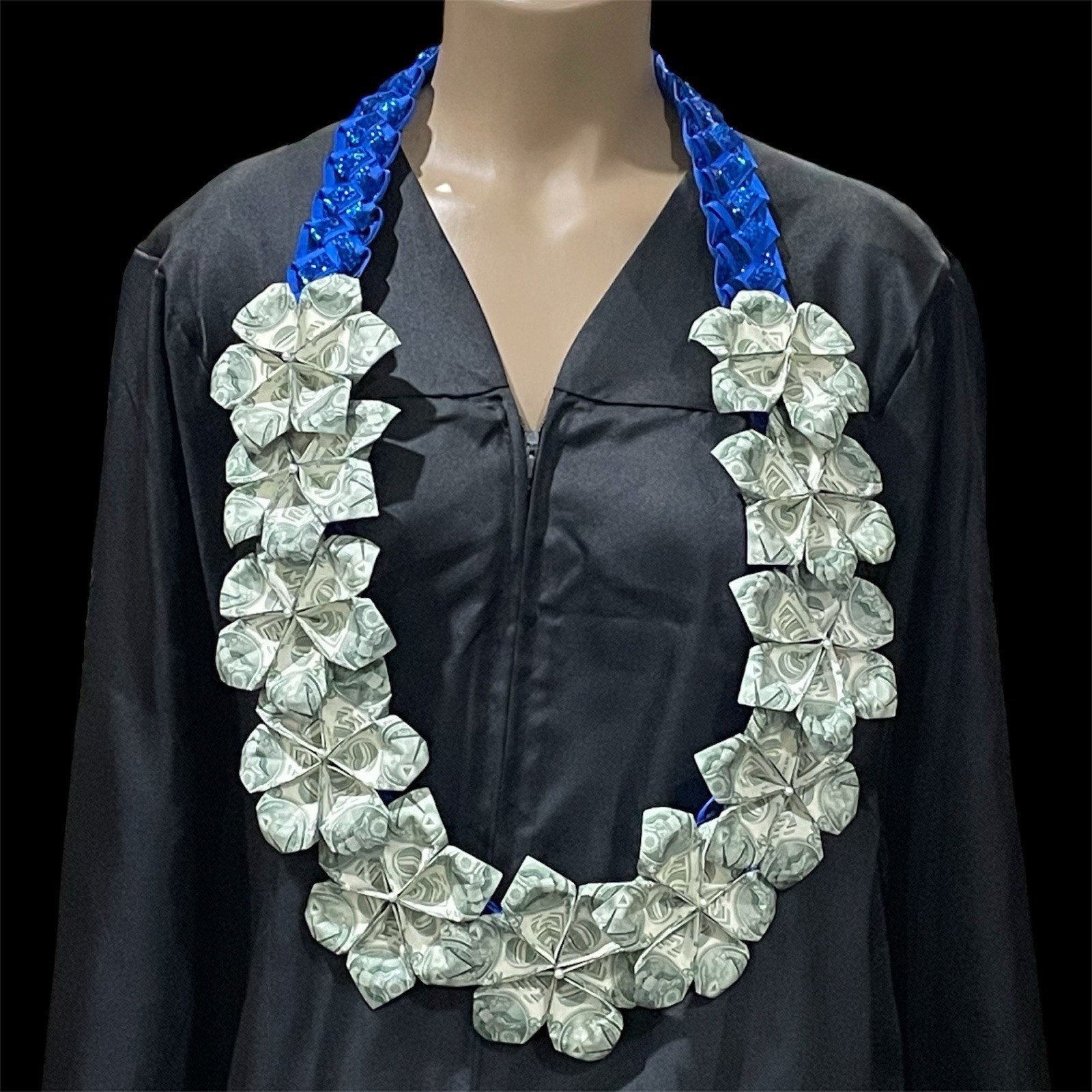 Graduation Party Money Lei Flower Crisp Bills Blue Glitter Four Braided ... - $94.00