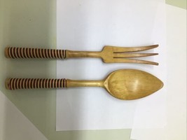 Vintage Wooden Salad Set Fork &amp; Spoon Kitchen Utensils MCM Mid-Century Modern - £14.61 GBP