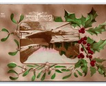 RPPC Tinted Winter Scene Holly Mistletoe Bonne Annee New Year Postcard U22 - $5.63
