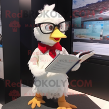 White Muscovy Duck mascot costume character dressed with a Playsuit and Reading  - $1,239.00