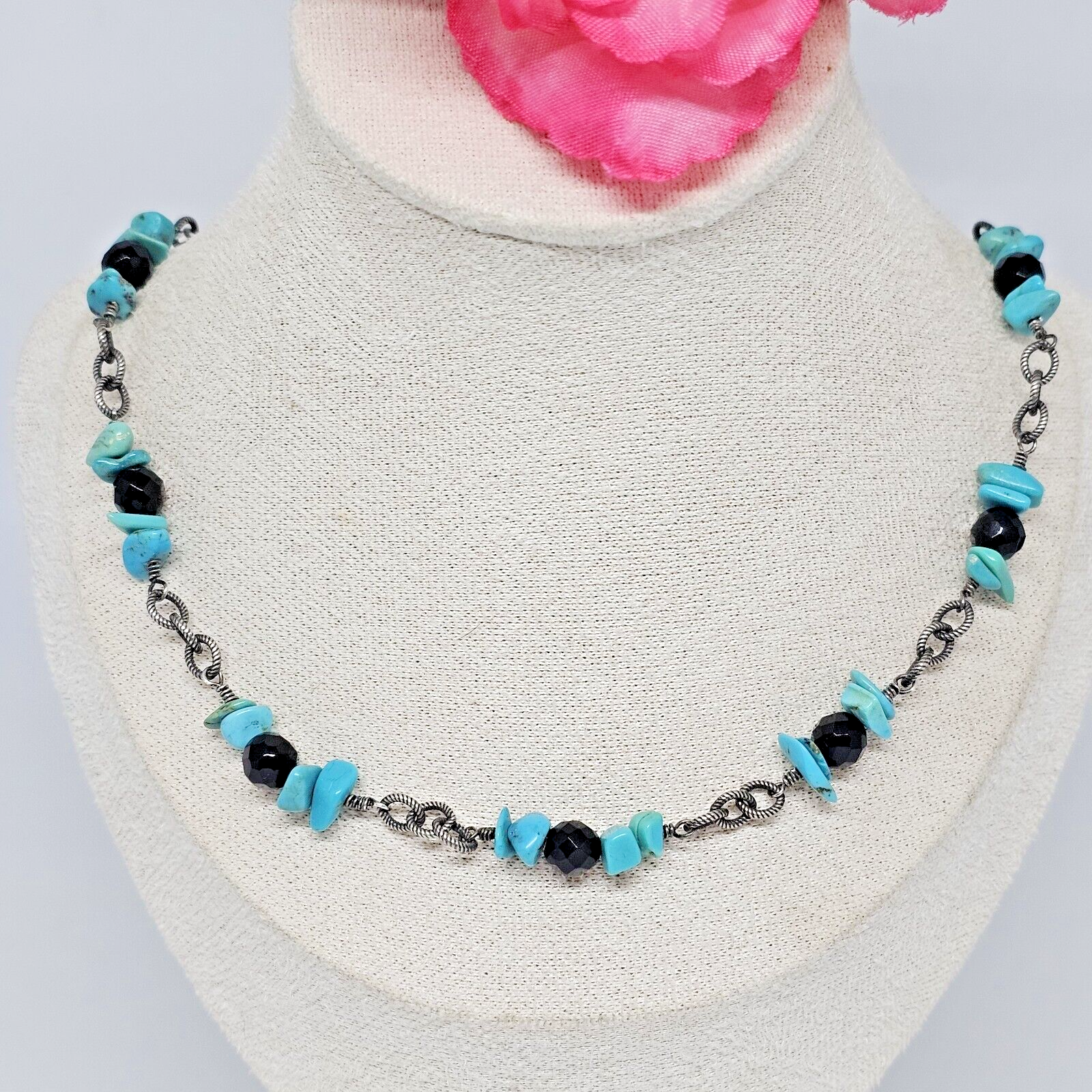 Silpada 925 Sterling Silver - Turquoise & Black Onyx Beaded Choker Necklace - £27.67 GBP