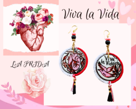 Painted Wooden Pink earrings inspired by Heart Frida Kahlo Art. Quotes by Frida. - £47.42 GBP