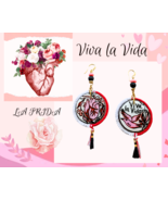 Painted Wooden Pink earrings inspired by Heart Frida Kahlo Art. Quotes b... - £46.55 GBP