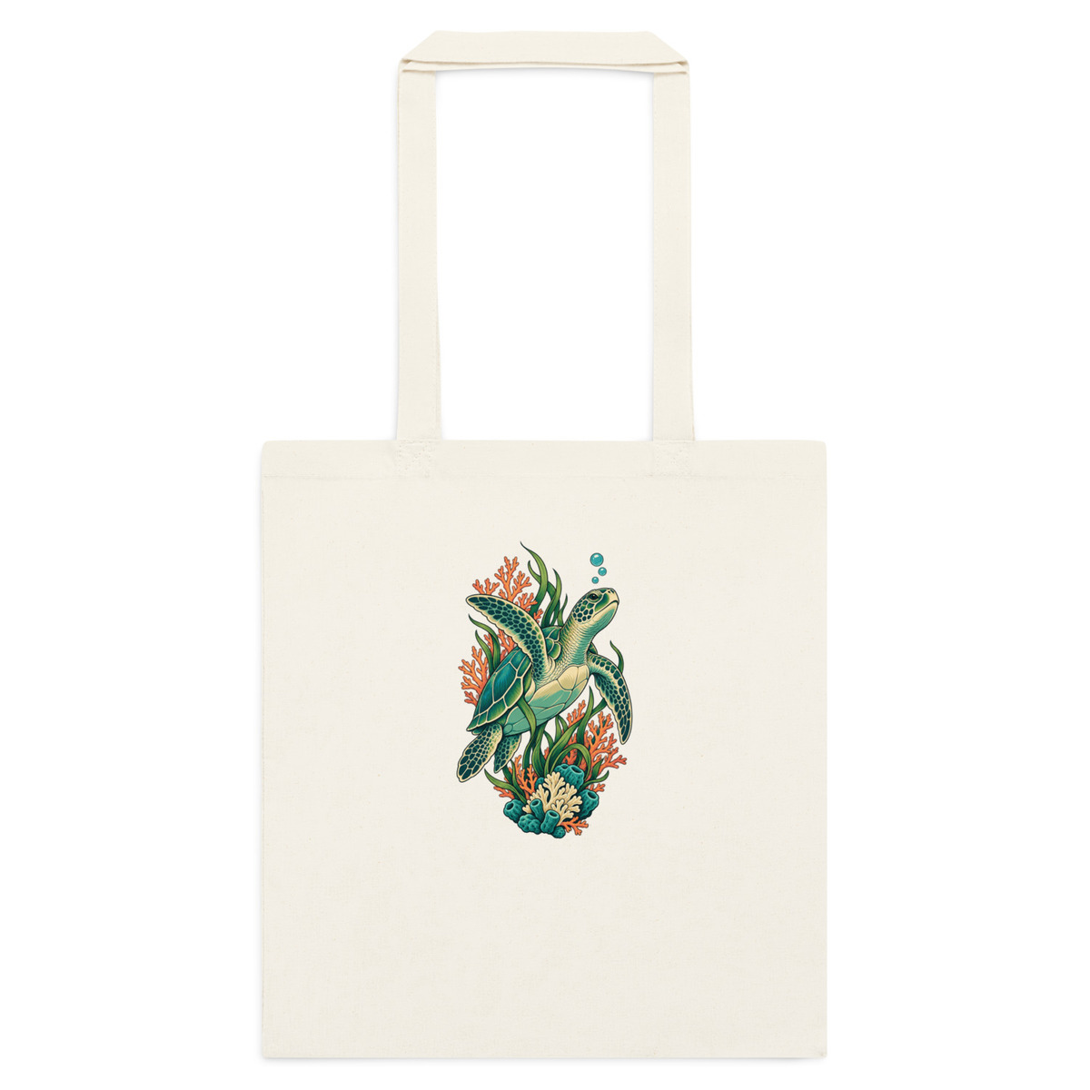 Supplier-generated digital mockup of Sea Turtle Coral Cotton Tote Bag - Ocean Marine Wildlife Gift