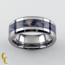 Homme Tungsten Bague W / Bleu Marbre Coloré Centre Bande Taille 8.5 - $1,866.86 MXN