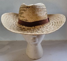Vintage Mens Tan Paper Straw Woven Wicker Garden Sun Cowboy Hat - £22.55 GBP