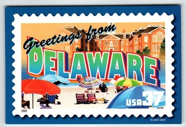 Greetings From Delaware Large Letter Chrome Postcard Unused USPS 2001 Beach View - £7.70 GBP