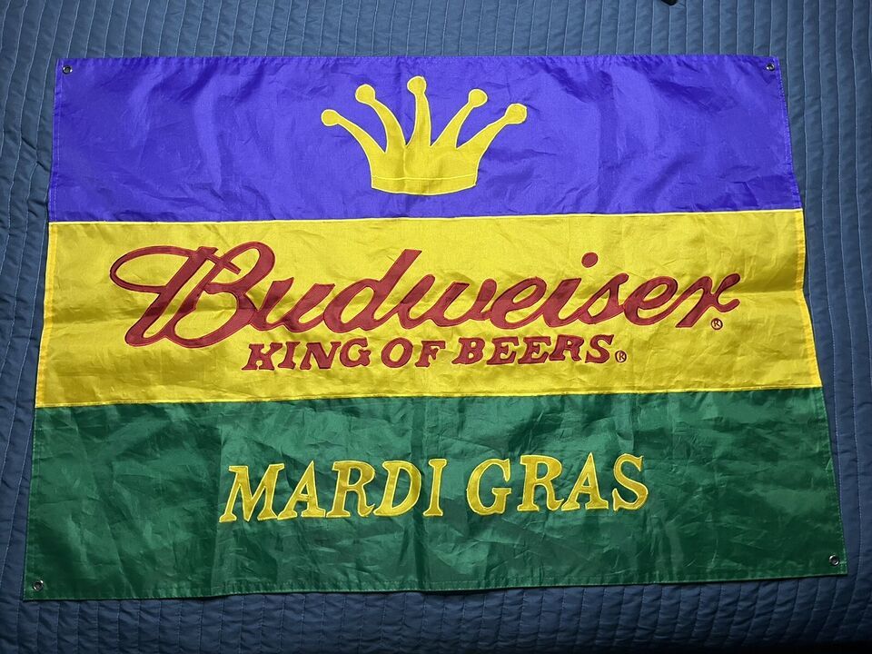 Budweiser King Of Beers Mardi Gras Flag 39” X28” Polyester Embroidered L... - $95.00