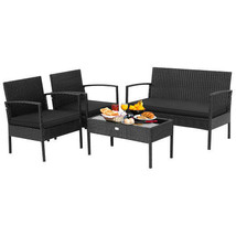 4 Pieces Patio Rattan Furniture Set with Cushion - Color: Black - $5,606.21 MXN