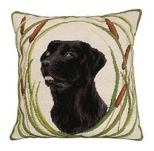 Throw Pillow Needlepoint Black Lab Dog 18x18 Green Wool Cotton Velvet Back - £228.58 GBP