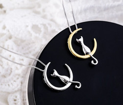 925 Silver Cat Moon Necklace, Cat Necklace, Cat Lover Necklace, Cat Pendant, Moo - £22.22 GBP