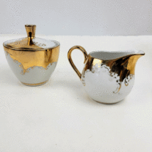 Vintage Bavaria Porcelain Lidded Sugar Bowl and Creamer Set White &amp; Gold  - $36.97