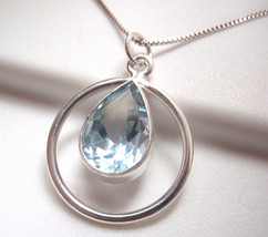 Faceted Blue Topaz Teardrop in Circle 925 Sterling Silver Necklace - £15.14 GBP