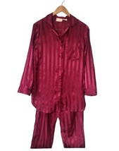 Jaclyn Smith Vintage Satin Pajama Set Size S Burgundy Striped Button Up Pocket - £13.44 GBP
