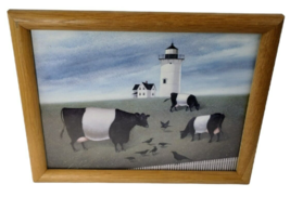 Framed Cow Picture Rustic Farmhouse Lighthouse 14 x 11 Wood Vintage Cale... - $11.94
