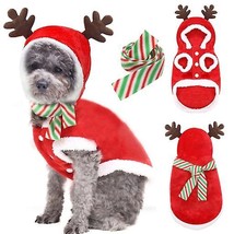 2pcs Pet Hooded Clothes Striped Scarf Kit Christmas Dogs Cats Reindeer Costume - £15.94 GBP