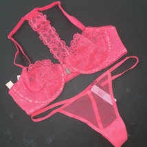 Victoria&#39;s Secret Unlined 34B,34D Bra Set Thong Neon Pink Floral Lace Racerback - £55.26 GBP