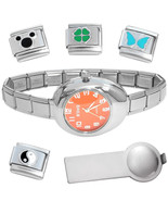 Orange Oval Italian Charm Watch Bracelet Plus Charm Tool &amp; Enamel Charms - €16,00 EUR