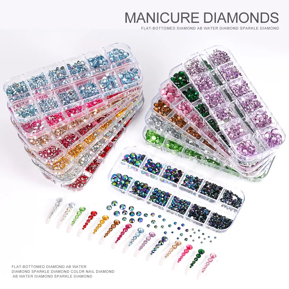 12Grids/Box Glass Crystal AB/Colorful Rhinestone Nail Charms Mixed Size ... - £7.62 GBP+