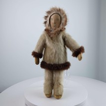 Vintage  Eskimo Doll Carved Wood Fur Coat leather moccasins 10.5&quot; - £103.86 GBP