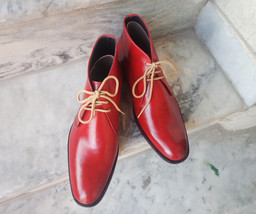 NEW Handmade New Men&#39;s Red Color Designer boot, Mens Lace Up Pure Leather Dress  - £122.29 GBP