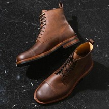 Handmade Antique Brown Pull up Leather Ankle Boots, Men Cap Toe Ankle Boot - $149.99