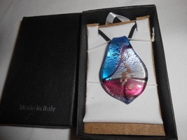 NIB Murano Glass Necklace Pendant w/ leather Cord Made in Italy tear dro... - £11.90 GBP