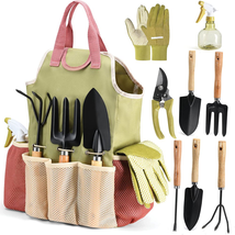 10PC Outdoor Garden Hand Tool Set w/ Gloves &amp; Storage Bag Heavy Duty Rust Proof - £47.21 GBP