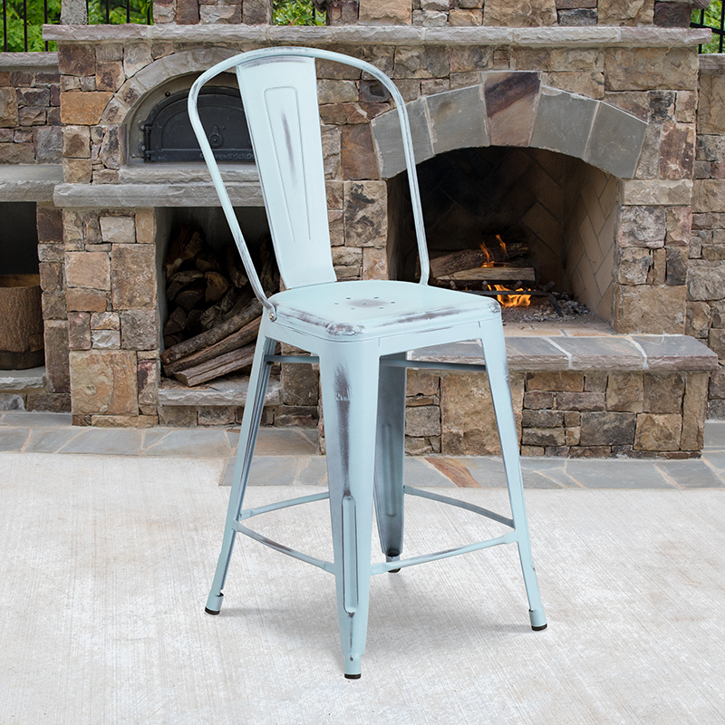 Distressed Gn-Blue Metal Stool ET-3534-24-DB-GG
