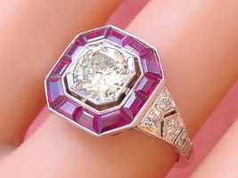ART DECO 1ct DIAMOND 1.15ctw RUBY OCTAGON HALO PLATINUM ENGAGEMENT COCKT... - $6,523.11