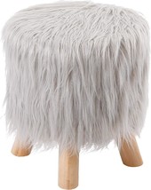 Birdrock Home Silver Faux Fur Foot Stool Ottoman - Soft Compact, Vanity Seat - £45.80 GBP