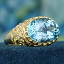 9K Gold Natural 7.25 Ct. Oval Blue Topaz Vintage Style Carved Ring  - £657.13 GBP