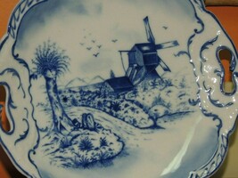 Hand Painted 10&quot; Plate w/ Handles Delft? Blue &amp; White Windmill Antique V... - $17.09