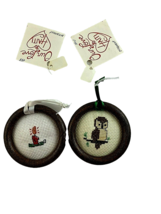 Set 2 Vintage 1968 Christmas Cross Stitch Ornament Owl &amp; Candle Handmade - $12.89