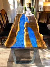 Blue Resin Epoxy Dining Table Live Edge Wood Handmade Arts Luxury Cafe Furniture - $1,147.19+