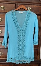 La Blanca Tunic Cover Up XS blue Pure Cotton Island Fare Crochet Trim gauzy - £19.45 GBP