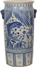 Umbrella Stand Vase Fish Lotus Flower Blue White Ceramic Hand-Craft - £342.92 GBP