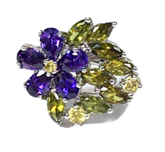 Fashion Ring Yellow Purple Glass Silver tone Cut Ring Size 7 - $24.00