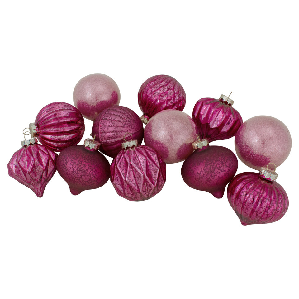 3" 12ct Pink Mercury Glass Style Glass Christmas Ornament Set