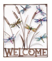 Dragonfly Welcome Plaque 29&quot; High Metal Multicolor Cattails Nature Inspired - $89.09