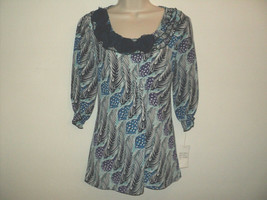 NEW Piano Blouse Size L Large Semi-Sheer 3/4 Sleeves Back Tie Feather Print Top - £11.69 GBP
