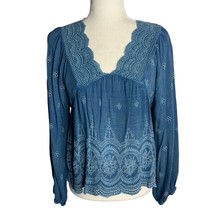 Rachel Zoe Embroidered Peasant Top S Blue Balloon Sleeve V Neck Eyelet Rayon - £21.77 GBP