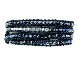 Multiple Wrap Leather Bracelet Faceted AB Black Metallic Silver Beads - £14.24 GBP