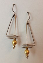 Sterling Silver Gold Beaded Earrings Unique Handmade Modern Wire Dangle Pierced  - $61.00