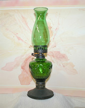 Green Glass Oil Lamp Vintage, Emerald Green Chimney Shade n Base, Gift f... - $63.95