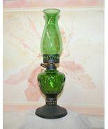 Green Glass Oil Lamp Vintage, Emerald Green Chimney Shade n Base, Gift f... - $63.95